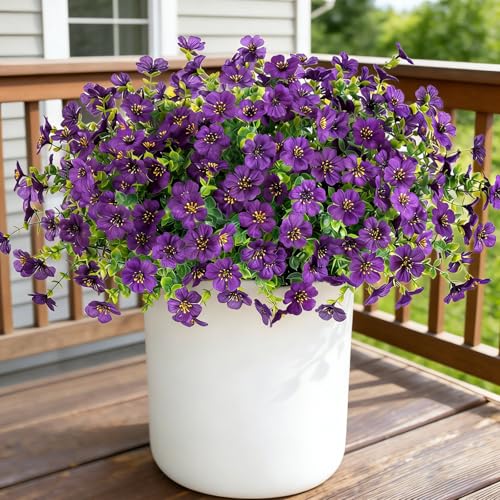 12 Bundles Artificial Flowers for Outdoor UV Resistant and Realistic, Faux Daisy Fake Flowers with Eucalyptus Leaves for Porch, Patio, Planter, Window Box, Home, Garden Decor - color: Purple