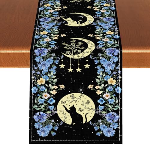 Boho Floral Table Runner, Spring Gothic Moon Phase Wildflower Mystical Witchy Farmhouse Coffee Table Center Decor for Home Kitchen Dining Patio Holiday Party Table Decorations 13x36 inches - color: Tr-moon07, size: 13x36" Table Runner