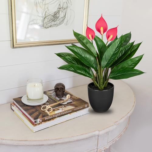 GnFlus 20'' Realistic Pink Anthurium Artificial Plant, Fake Potted Plants for Home Office Farmhouse Kitchen Bathroom Table Shelf Decor - color: 20'' Red