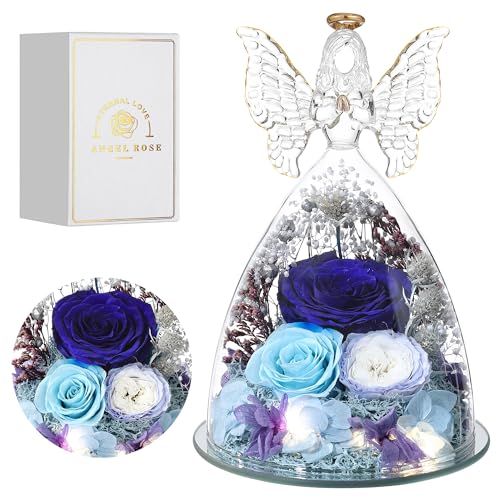 Mothers Day Rose Gifts for Women Preserved Real Flower in Glass Angel Figurines Roses for Delivery Prime Birthday Gifts for Mom Grandma Girlfriend Wife Her,Blue Austin Roses - color: Blue With Austin Roses