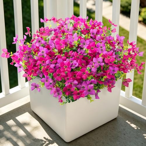 Artificial Faux Plants Flowers Outdoor Spring Summer Decoration, 12 Bundles Fake Silk Colorful Daisy Eucalyptus Realistic UV Resistant for Outside Home Planter Porch Yard Decor (Purple Red Lotus) - color: Purple Red & Lotus B