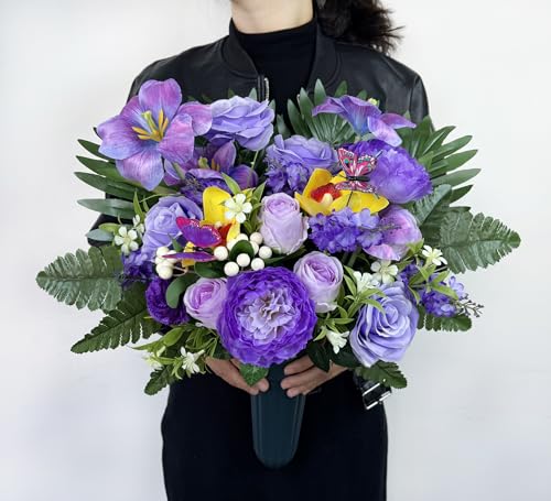 Artificial Cemetery Flowers for Grave,Memorial Flowers Bouquet with Vase for Headstones Decoration,Purple Rose Hibiscus Cymbidium Berry - color: Purple