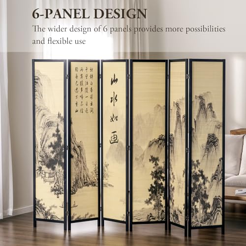 MyGift Decorative 6 Panel Folding Room Divider Bamboo Screen with Chinese Calligraphy Design, 6FT Freestanding Floral Artwork Room Partitioner with Black Wood Frame 94.5''W x 69''H - color: Black (Floral), size: 6 Panel