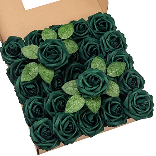 DuHouse 25Pcs Artificial Roses Flowers Fake Roses with Stems Real Touch Foam Flowers for DIY Wedding Bouquet Party Centerpiece Floral Arrangement Party Home Decor(Hunt Green) - color: Hunt Green, size: 25pcs