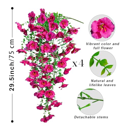 Artificial Hanging Flowers for Outdoors Decor, Fake Silk Hibiscus Long Trailing Vines UV Resistant Realistic Flowers Plants for Outside Front Door Porch Patio Balcony (Fuchsia, 4 pcs) - color: Fuchsia, size: 4 pcs