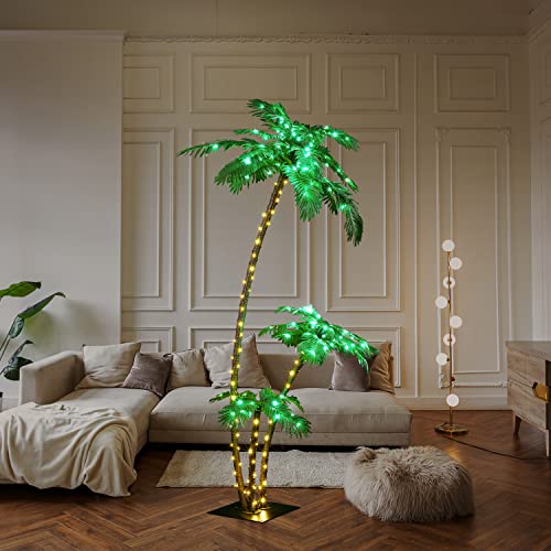 Solar Lighted Palm Tree 7FT 3FT 2FT Artificial Palm Tree Decor for Outdoor 218 LED Light up Fake Tree for Indoor Outside Patio Hawaiian Tiki Bar Decoration, Green - size: 7+3+2ft-Solar
