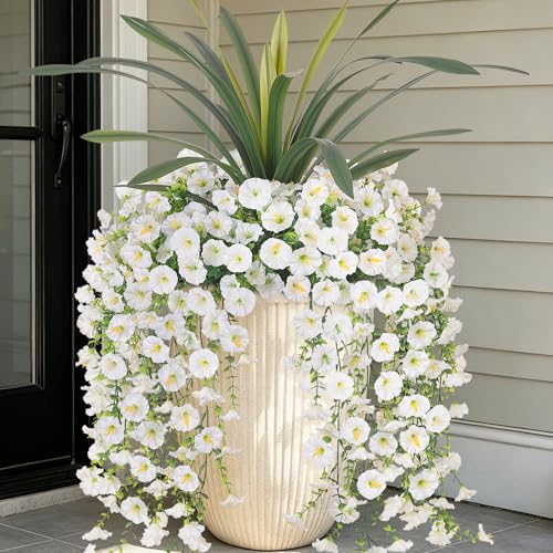 8 Bundles Fake Artificial Morning Glory Flowers for Outdoors+Ochid Faux Greenery Plants UV Resistant Weatherproof for Indoor Outdoor Garden Patio Window Box Home Decor - color: White