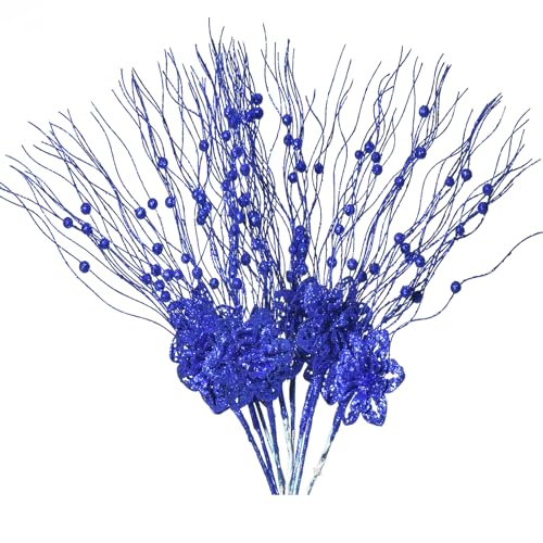 10pcs Artificial Glitter Poinsettia Flower Berry Stem Ornaments Christmas Tree Picks Branches for Xmas Tree Decorations Gift Home Wedding Holiday Party Decor, Royal Blue - color: Royal Blue