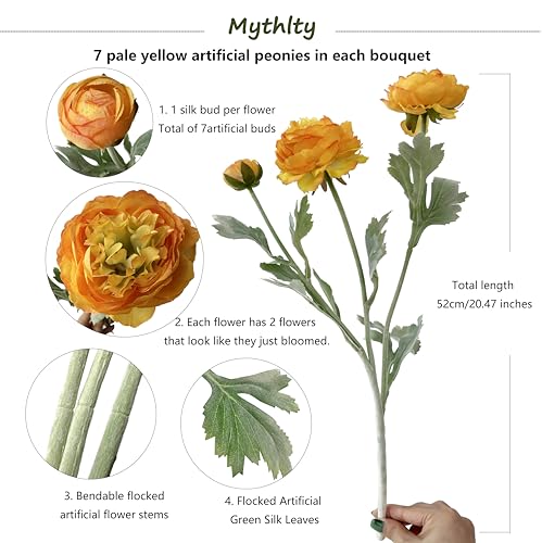 7 pcs Orange Peonies Artificial Flowers, Fake Ranunculus for for vase, Fake Silk Flowers for Home Table Centerpiece Office Desk Farmhouse Kitchen Dining Coffee Table Decoration (Light Orange) - color: Light Orange