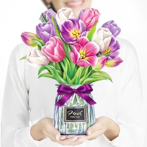 Airpark Pop Up Flower Bouquet Card for Women, 3D Floral Greeting Card with Envelope and Note, Birthday Thank You Thinking of You Get Well Gift for Mom Friend Wife Teacher, Tulip - style: Tulips