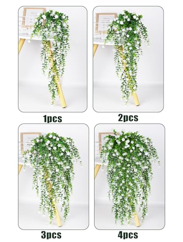 SJL 4pcs Fake Hanging Plants Realistic Artificial Outdoor Flowers Hanging Greenery Artificial Ivy Vine Leaves Faux Green Plastic Plants Greenery Flowers Green Leaf Decor for Wall Home (White) - color: White