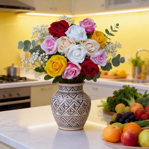 12PCS Artificial Realistic Silk Fake 6-Colored Roses Long Stem | 6 Colors Mixed Roses For Wedding Decoration, Party Table Decoration, Valentines Mother's Day - color: 2 Rose Red /2 Red/2 Pink/2 White/2 Champagne/2 Yellow