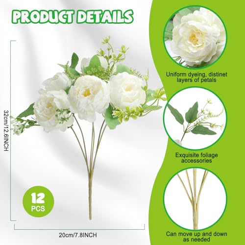 12 Bundles White Peonies Artificial Flowers Bulk for Centerpiece | Realistic Silk Flowers, Wedding Decoration, Home Table Centerpiece, DIY Bouquet - color: White