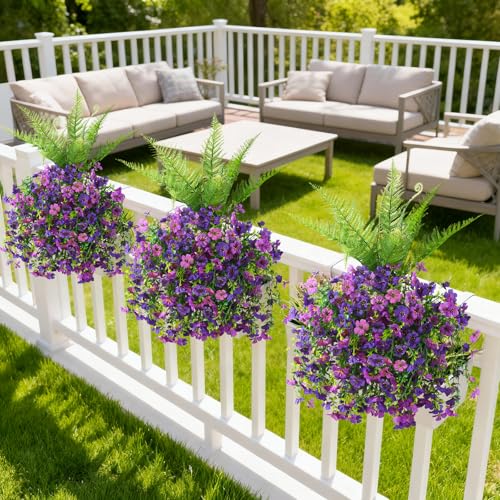 ZFProcess Artificial Fake Hanging Flowers for Outdoors, Silk Daisy with Articial Boston Ferns Plants Set, Realistic Spring Fake Outdoor Flowers UV Resistant Porch Patio Yard Decor - color: Double Purple Daisy With Fern