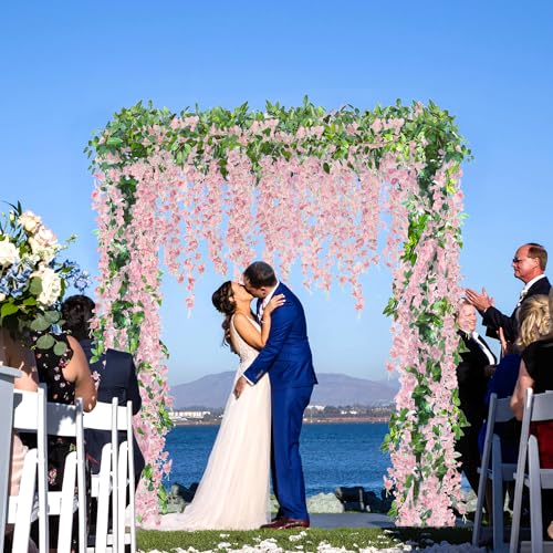 Sggvecsy 6Pcs Wisteria Garland Artificial Flowers Garland Fake Hanging Wisteria Vines Rattan Silk Hanging Flower Vines for Home Garden Outdoor Wedding Arch Party Ceremony Total 35.4Ft (Pink) - color: Pink