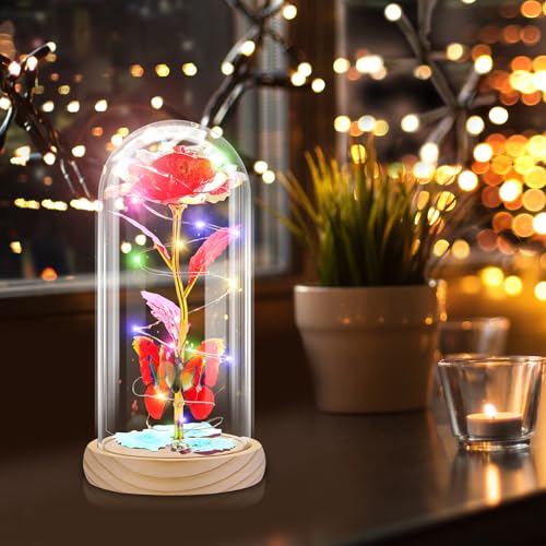 Otlonpe Preserved Artificial Rose Flower Lamp, Forever Women Gifts for Birthday Christmas Valentines Mothers Day, 7.7'' Glass Rose Wood Base Butterfly, Gifts for Mom Grandma Daughter Wife Girlfriend - color: Wood Red