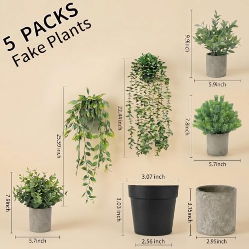 Artificial Hanging Plants 5 Pack – Small Fake Potted Ivy Plants for Indoor or Outdoor Décor, Wall Shelf Home Office Room Decoration, Realistic Faux Plants with Planters - size: 5-pcs-5in1
