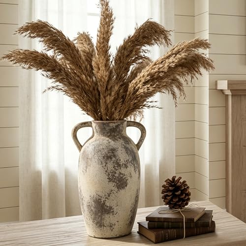 PORCER 9.84 Inch Ceramic Vase with Handles, Tuscan Decor Antique Terracotta Vase, Rustic Decorative Flower Vase for Home Decor, Farmhouse, Living Room, Table, Bedroom, Office, Entrance- Gray - color: Gray