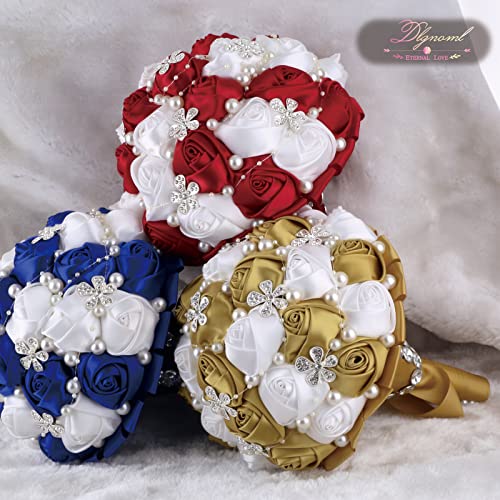 Handmade Wedding Flowers Bridal Bouquets Crystal Bride Holding Bouquet White Ivory Satin Roses with Diamond Pearl Ribbon.(Gold) - color: Lightgold