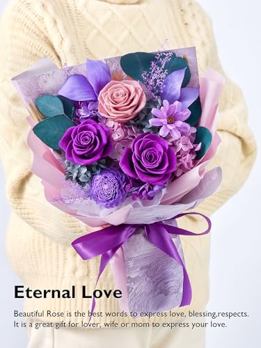 Eterfield Flowers for Delivery Prime, Mother's Day Forever Flowers Bouquet, Preserved Roses and Purple Flowers Birthday Gifts for Her Women Wife Mom Grandma Anniversary Valentines Day Christmas - color: Purple