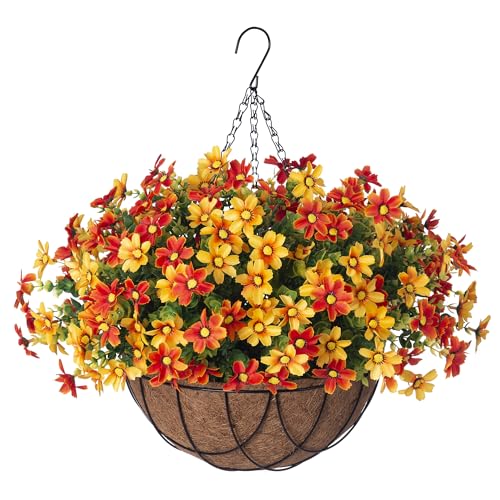 INXUGAO Artificial Flowers with Hanging Planter for Outdoor Decor, Faux Silk Daisy UV Resistant Plants in Basket for Indoor Porch Garden Yard Spring Summer Decor(Orange) - color: Corange