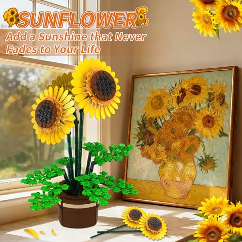 Sunflower Building Set Flowers with Vase, Botanical Collection Kit for Adults - 739PCS Sunflowers Bouquet, Birthday Day Sunflower Gifts for Adults Women