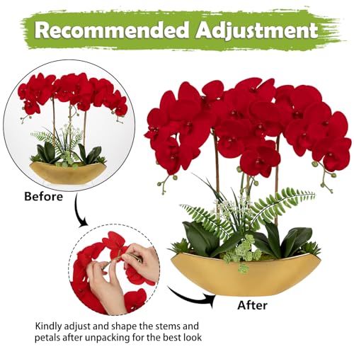 Briful Orchid Artificial Flowers 18in Red Fake Orchid Silk Flowers with Gold Ceramic Vase Faux Phalaenopsis Arrangement for Home Office Room Dining Table Centerpiece Modern Decor - color: Red