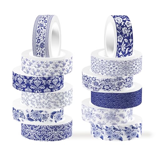 Bolsome 12Rolls Blue Floral Washi Tape Vintage Flowers Washi Tape Chinoiserie Design Decorative Tape for Wedding Birthday Envelope Scrapbook Craft Supplies