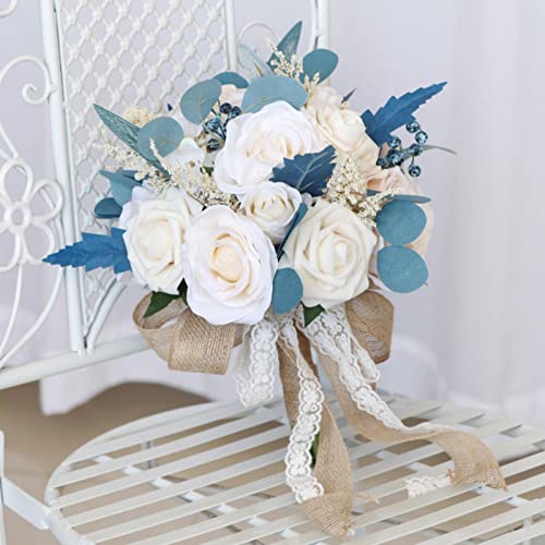 MOJUN Wedding Bouquets for Bride Bridesmaid Bouquet Dusty Blue Artificial Roses Flowers for Wedding Bridal Shower Valentine's Day Party Church Home Decoration - color: Dusty Blue Bouquet a