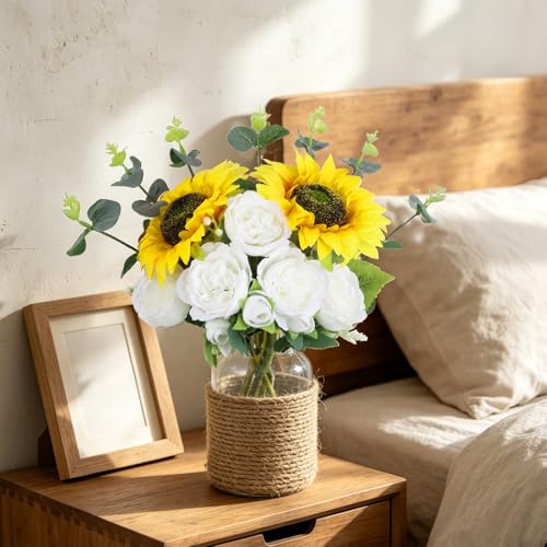 Sunflower Artificial Flowers Mixed Silk Fake Peonies Bouquet with Eucalyptus Stems for Floral Arrangement Spring Wedding Bride Home Table Centerpiece Decorations(White) - color: White