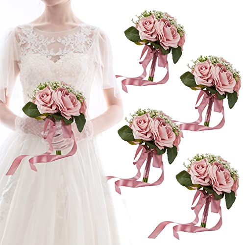 Bridesmaid Bouquets - Set of 4, 6.5 Inch Small Bridesmaid Bouquet Set - Artificial Rose Wedding Flowers - Floral Centerpieces - color: 18020-bean-paste-purple-4pcs