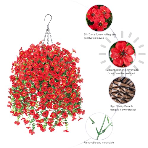 HyeFlora Artificial Hanging Flowers Basket for Outdoor, Fake Flowers Faux Plants Look Real for Yard Gardens Porch Patio Home (Red) - color: Red