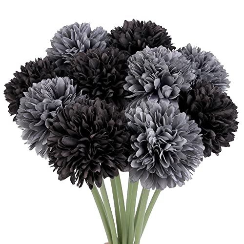 12Pcs black gray Chrysanthemums Artificial Flowers Fake Silk Ball Flowers Mums Bouquets Arrangements Wedding Party Decor St Patricks Day Home Garden Table Centerpieces DIY Floral (Black＆Gray，12pcs） - color: Black＆gray，12pcs