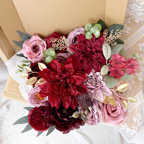 Burgundy Maroon Artificial Silk Flowers Mauve Roses Dark Red Peonies Combo Box DIY Wedding Bouquets Bridal Shower Cake Decor Gothic Centerpieces Fake Floral Arrangements Party Tables - color: Burgundy, Maroon