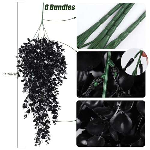 RECUTMS Black Artificial Hanging Eucalyptus Plants,6PCS 29.9 Inches,Gothic | UV Resistant Plastic,Fake Trailing Greenery Halloween Decor,Indoor Outdoor Home Room Garden Wedding Farmhouse Porch Party - color: 1-black 6