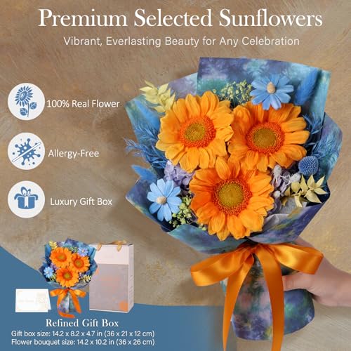 Forever Flowers for Delivery - Preserved Sunflowers Bouquet, Green Sunflowers that Last 3 Years, Eternal Flowers Bouquet, for Mom Grandma Wife, Anniversary Birthday Gifts for Women - color: Sunflower Blue