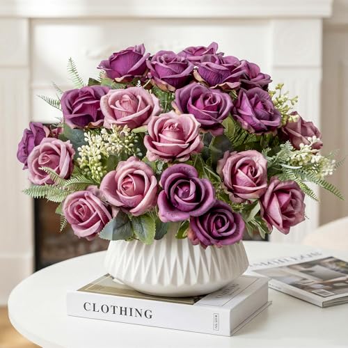 Fake Roses Purple Roses Artificial Roses Silk Roses Artificial Roses with Stems 24 Full Flower Heads Faux Roses for Outdoor Indoor Centerpieces home Wedding Farmhouse Decoration No Vase (4PCS,Purple) - color: Purple 4pcs