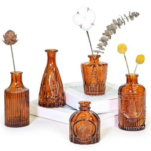 SUPMIND Glass Bud Vase Set of 5, Amber Small Flower Vases for Centerpieces in Bulk, Mini Vintage Vase for Rustic Wedding, Home,Table Decoration - color: Amber, size: 5Pcs