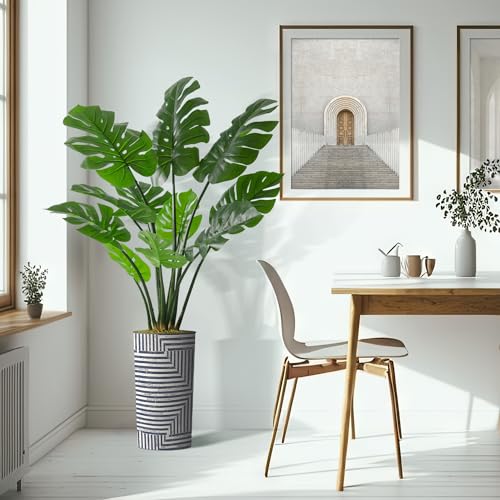 Artificial Tree in Modern Geometric Pattern Planter, Fake Monstera Silk Tree for Indoor and Outdoor Home Decoration - 65" Overall Tall (Plant Pot Plus Tree) - style: Monstera Plant