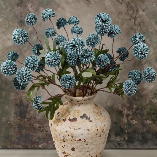 6 Pcs Faux Silk Pompon Mum Artificial Flowers, Silk Small Mini Chrysanthemum Ball with Long Stems, for Wedding Champagne Arrangements Bouquets Centerpieces Home DIY Decorations, No Vase, White - color: Blue