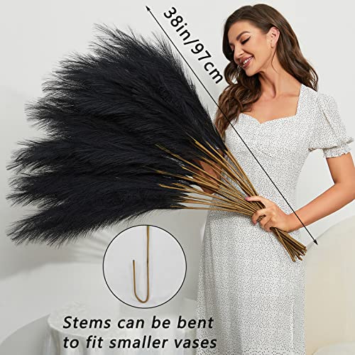 FOTEEWL 8 PCS Faux Pampas Grass Decor 38"/3.1FT Tall Fake Pompas Floral Large Artificial Pompous Grass Branches Plants for Floor Vase Filler Home Boho Decoration (Black) - color: Black