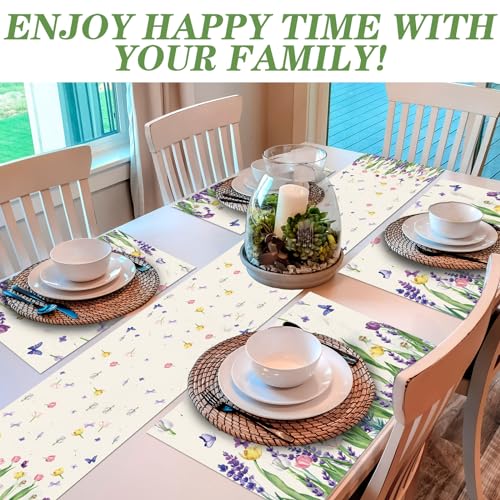 VitalCozy 7 Pcs Spring Table Runner and Placemats Tulip Table Runner Placemats Set 72 x 13 Inch Linen Farmhouse Rustic Floral Lavender Tulip Tablecloth for Spring Summer Party Decoration - style: Lavender, Tulip
