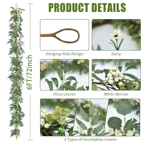 Artgar Eucalyptus Garland with Lights - 6 Ft Greenery Garland - Artificial Silver Dollar Olive Garlands, Spring/Summer Green Garlands for Indoor Outdoor Home Decor Wedding Arches Backdrops Table Decor - color: Eucalyptus Garland