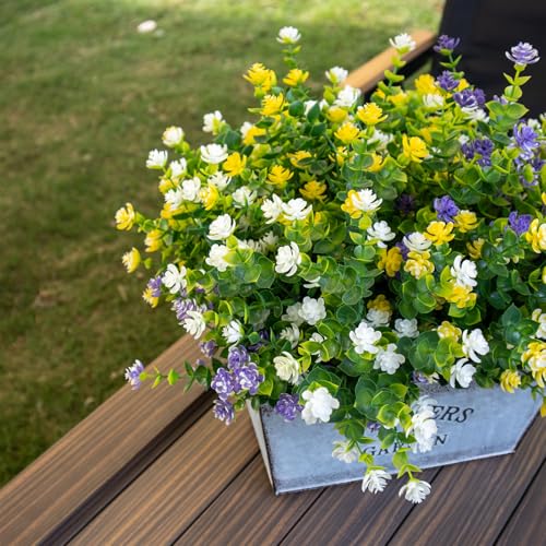 Artificial Flowers for Outdoors, 12 Bundles UV Resistant Artificial Outdoor Flowers, Not-Fading Plastic Fake Flowers for Outdoor Planters for Home Garden Porch Yard Decor, Mixedcolor - color: Yellow+purple+white