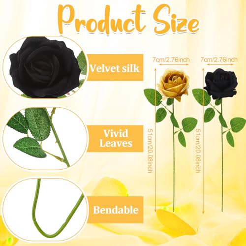 90 Pcs Gold, Black Velvet Rose Artificial Flowers with Long Stems, Fake Silk Roses Real Touch Fake Roses Florals for Birthday Wedding Bouquet Party Arrangement Decorations - color: Gold, Black