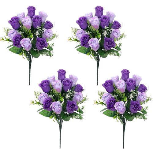 Artificial Rose Bouquets Fake Roses Flowers Set of 4 Realistic Silk Flowers for Cemetery Headstone Home Wedding Decoration UV Resistant No-Fading(Purple) - color: Purple