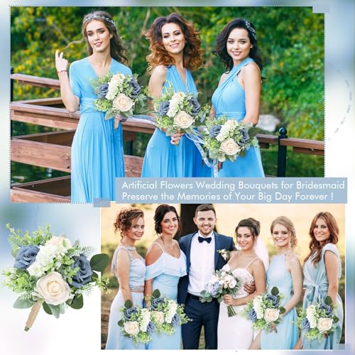 Wedding Bridesmaids Bouquets Set of 6 - Artificial Bridesmaid Rose Bouquet Handmade Maid of Honor Flowers Small Floral Centerpiece for Marriage Proposal Party Anniversary Table Decor -7 inch - color: Green & Dusty Blue, size: 6pcs