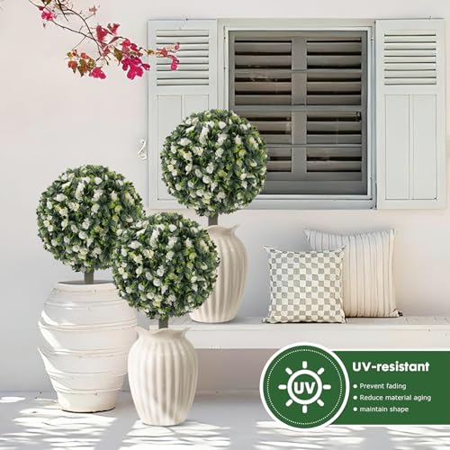 Set of 2 Artificial Topiary Balls with Flowers, 21" UV-Resistant Faux Evergreen Shrubs with Ground Spikes — Festive Outdoor and Indoor Holiday Décor Plants for Porch, Patio, and Garden - color: Green and White Flowers