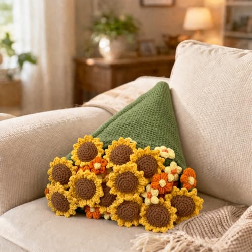 Crochet Flower Bouquet Throw Blanket, Cute Romantic Gift for Her Girlfriend Mom Mother’s Day Valentine Wedding Anniversary Birthday (Green Sunflower, 32 inches) - color: Green Sunflower, size: 32 inches