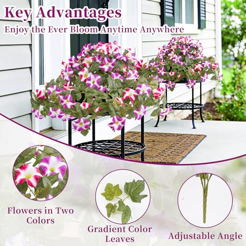 YOUNGLEAVES 2pcs Artificial Fake Petunia Flowers for Outdoor Decoration | Faux Realistic Floral Plants, UV-resistant realistic flower bouquet, Ideal for Garden Porch Balcony Home Wedding Party Decor - color: Pink Purple